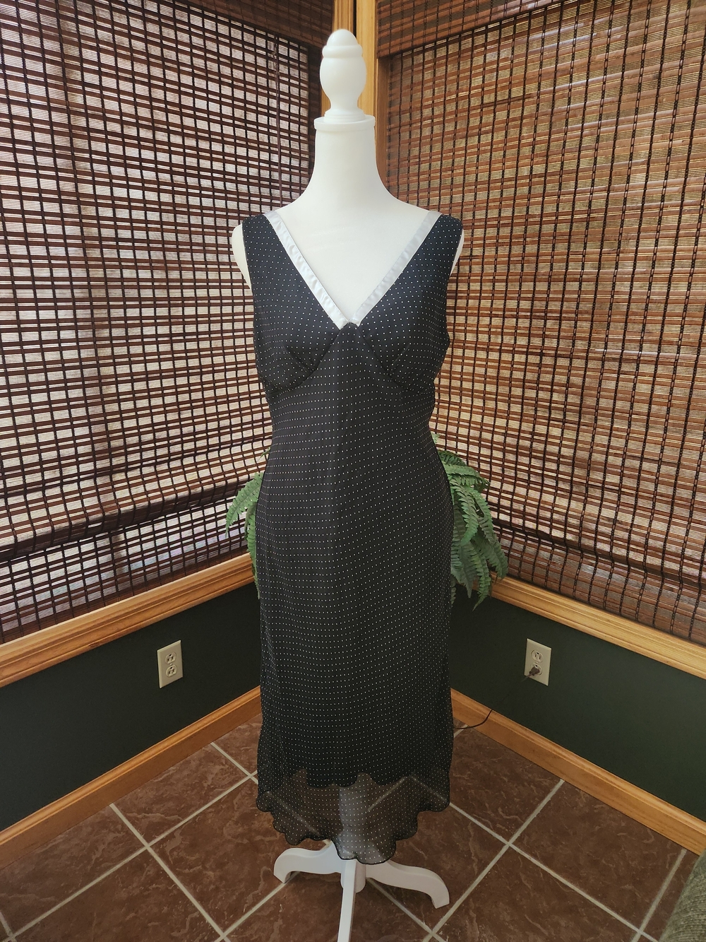 Vintage Believe Black Polka Dot V-Neck Slip Dress with White Trim